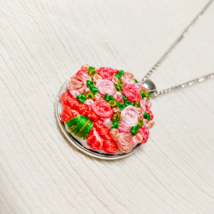 Skylooms pink bouquet embroidered pendant with chain