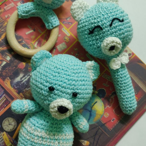 Blue Crochet Soft Toy Set Rattle and Teething Ring