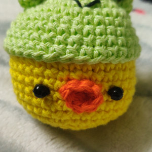 Crochet chick with frog hat soft toy