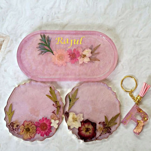 Floral Pastel Name Keychain Trinket Tray and Coaster Set in multiple colour options