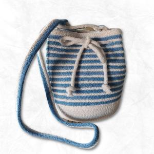 Boho Blue Striped Jute Bucket Sling Bag