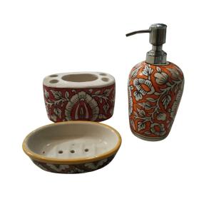 Orange Floral Blue Pottery Toiletry Ceramic Holder Set