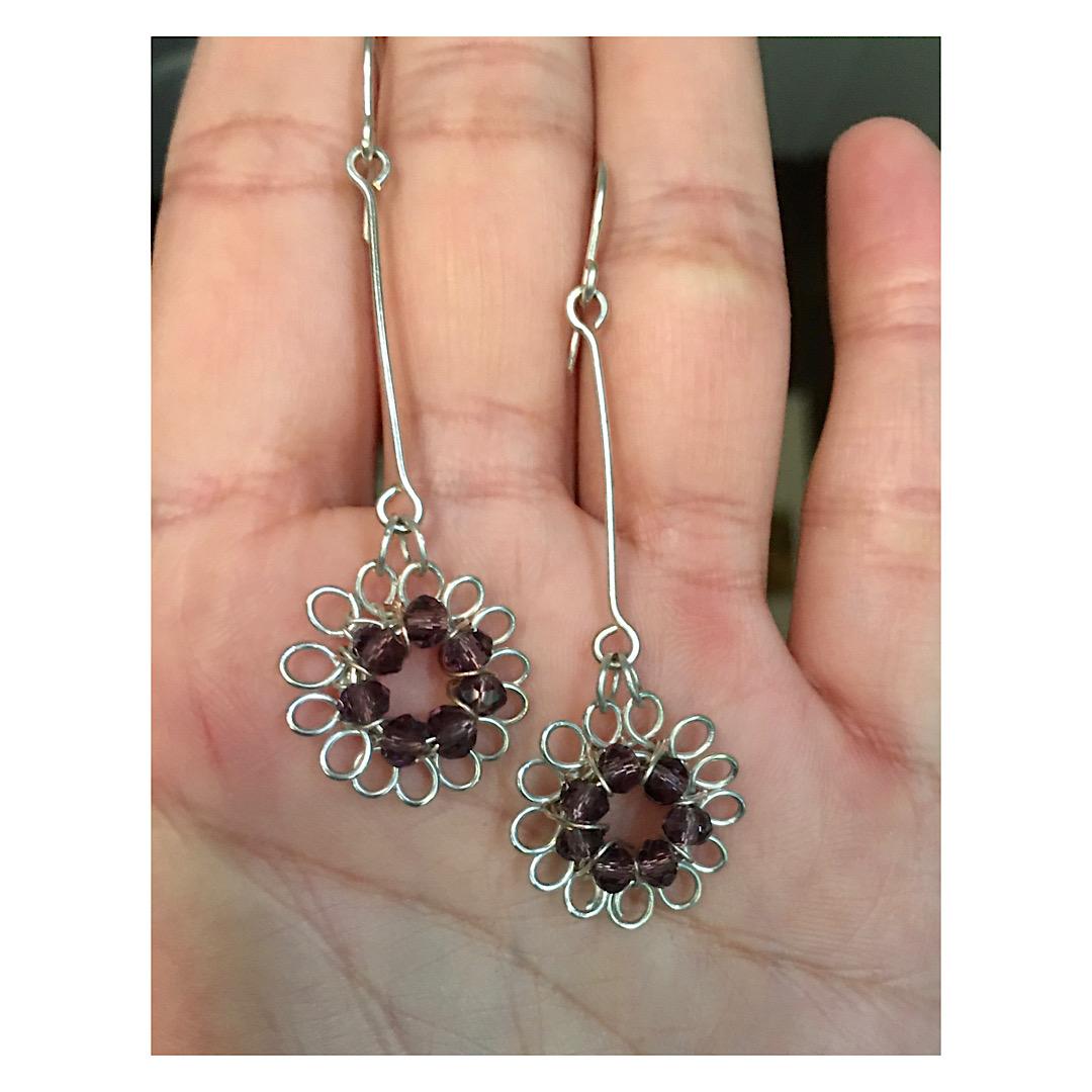 Wine flower crystal long earrings
