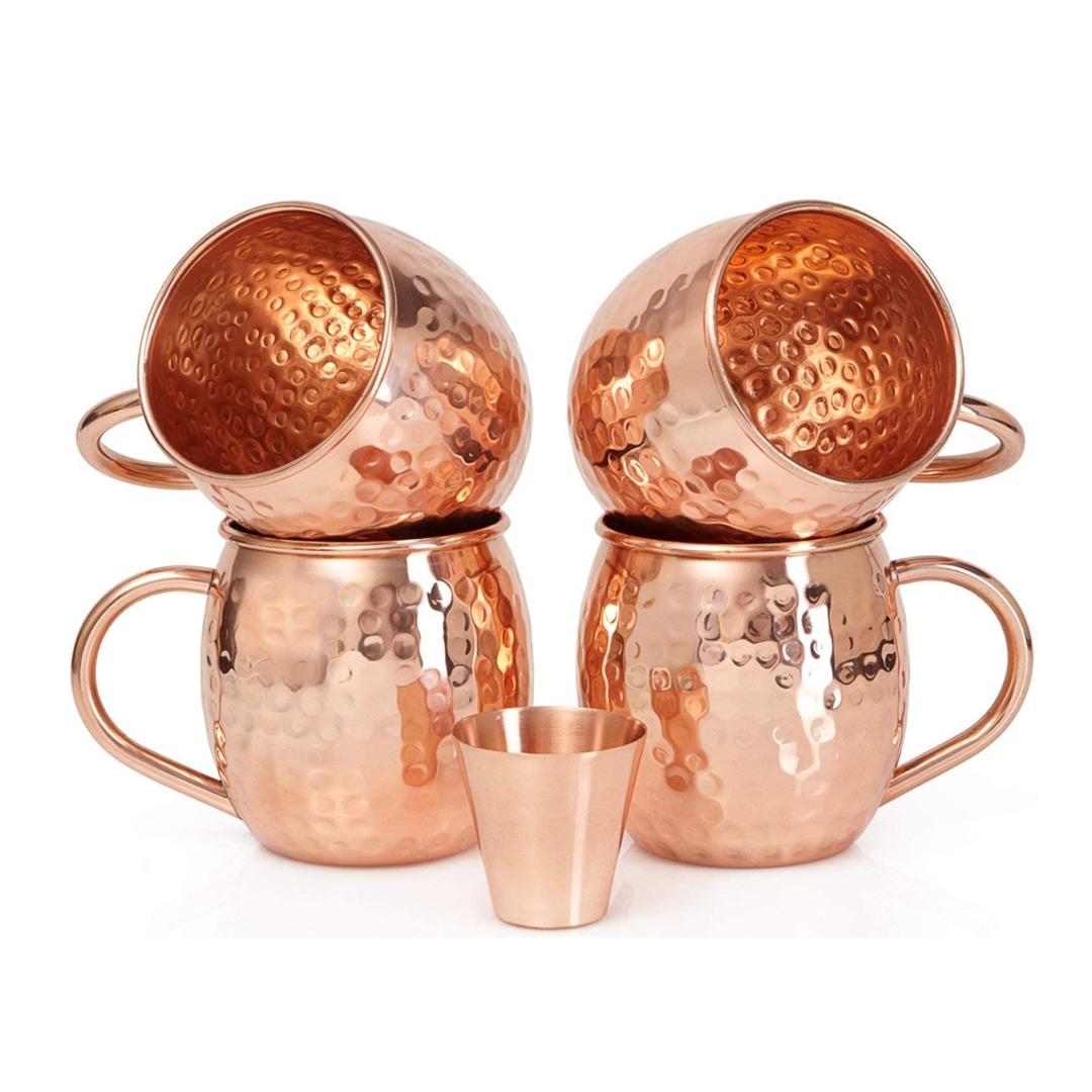 Set of 4 Pure Copper Mugs with Free Shot glass