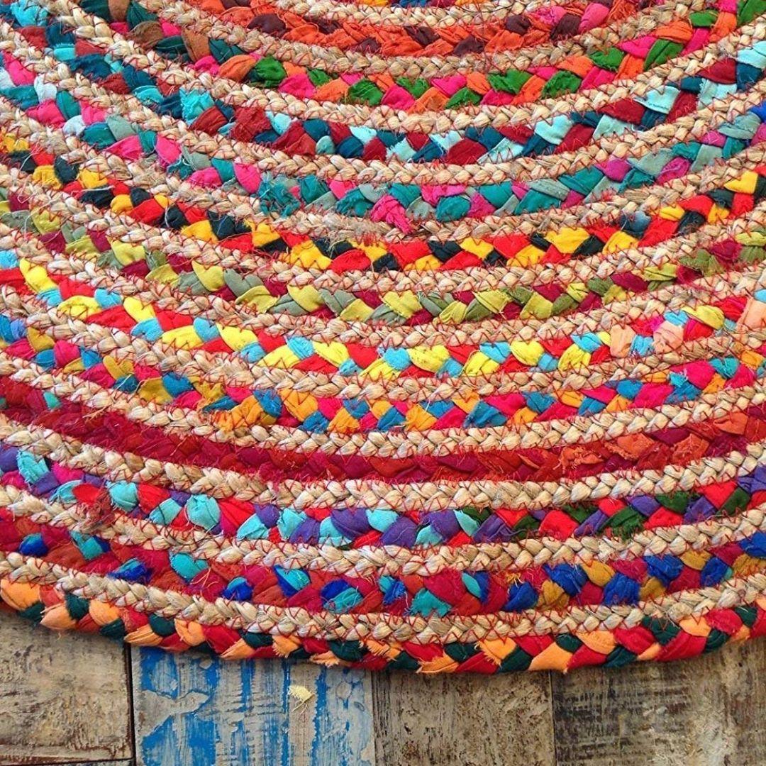 Multicolour Handwoven Jute Round Carpet 2ft