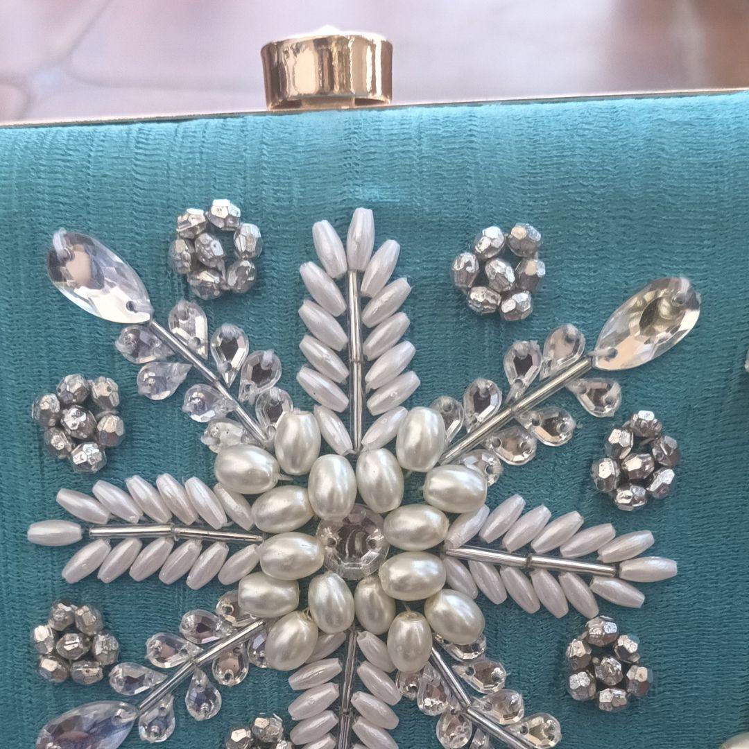 Aqua Snowflake Embroidered Clutch Bag