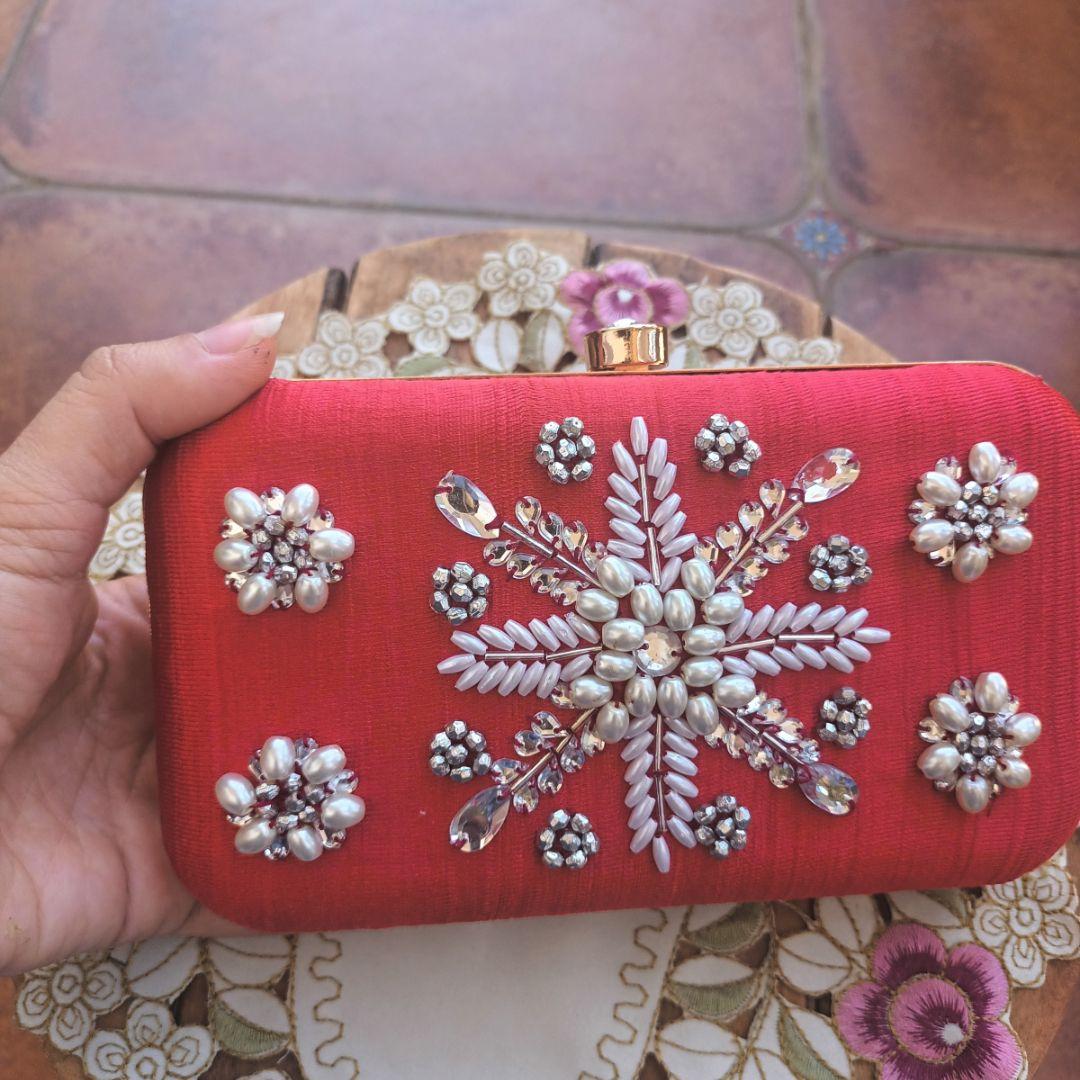 Scarlet Snowflake Embroidered Clutch Bag