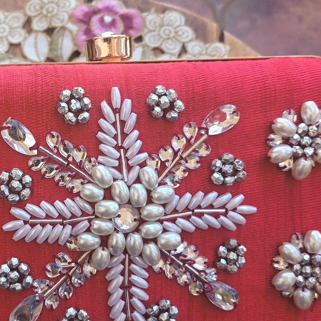 Scarlet Snowflake Embroidered Clutch Bag