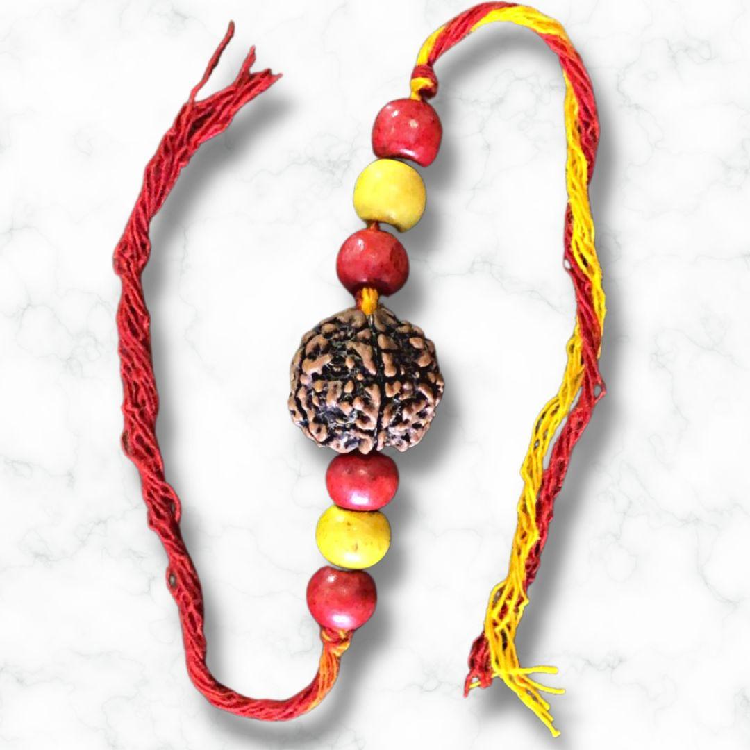 Yellow Red Rudraksh Wooden Rakhi