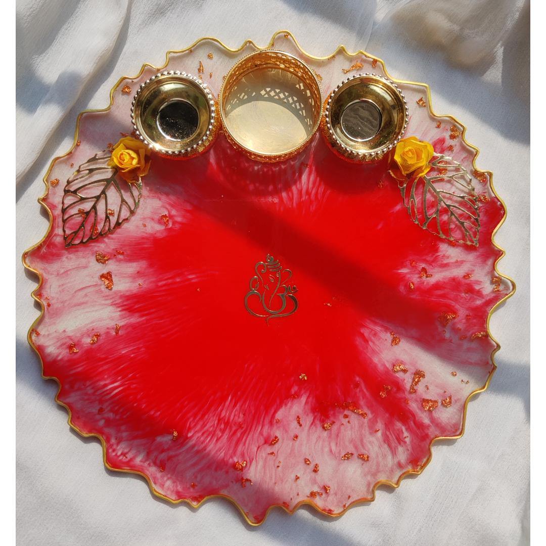 Red and Golden Resin Pooja Thali or Platter