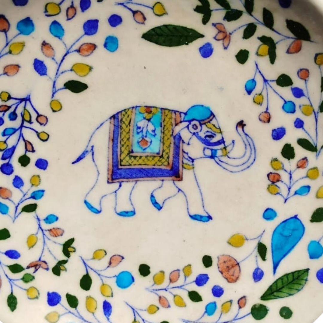 floral elephant blue pottery decor plate