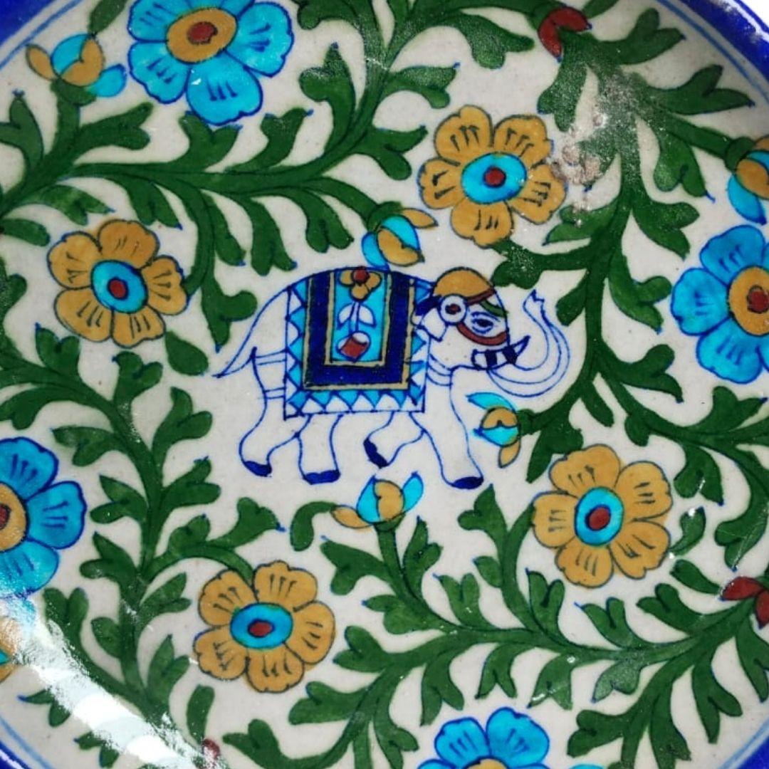 garden elephant blue pottery decor plate