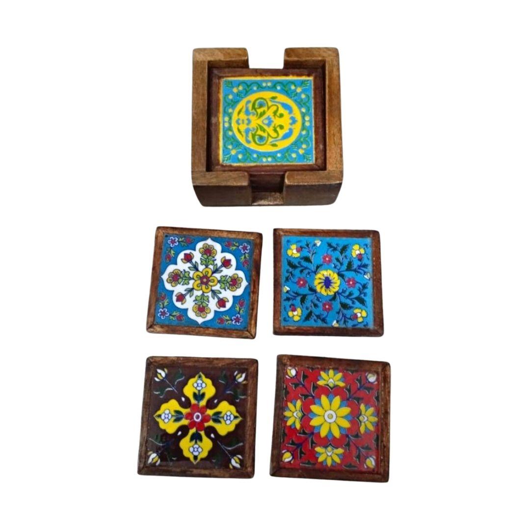 Jaipuri tile coasters set with holder
