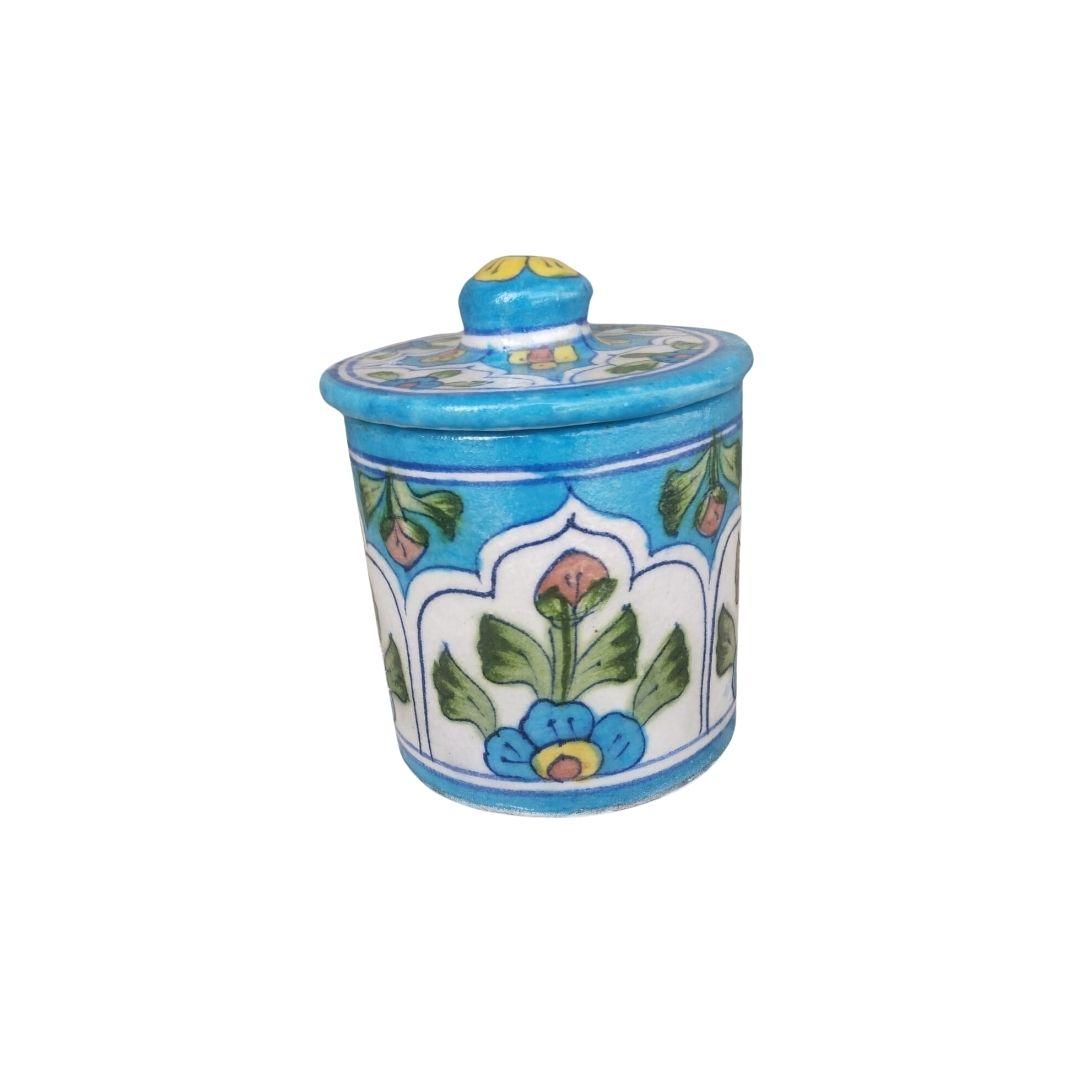 aqua floral pattern blue pottery ceramic jar