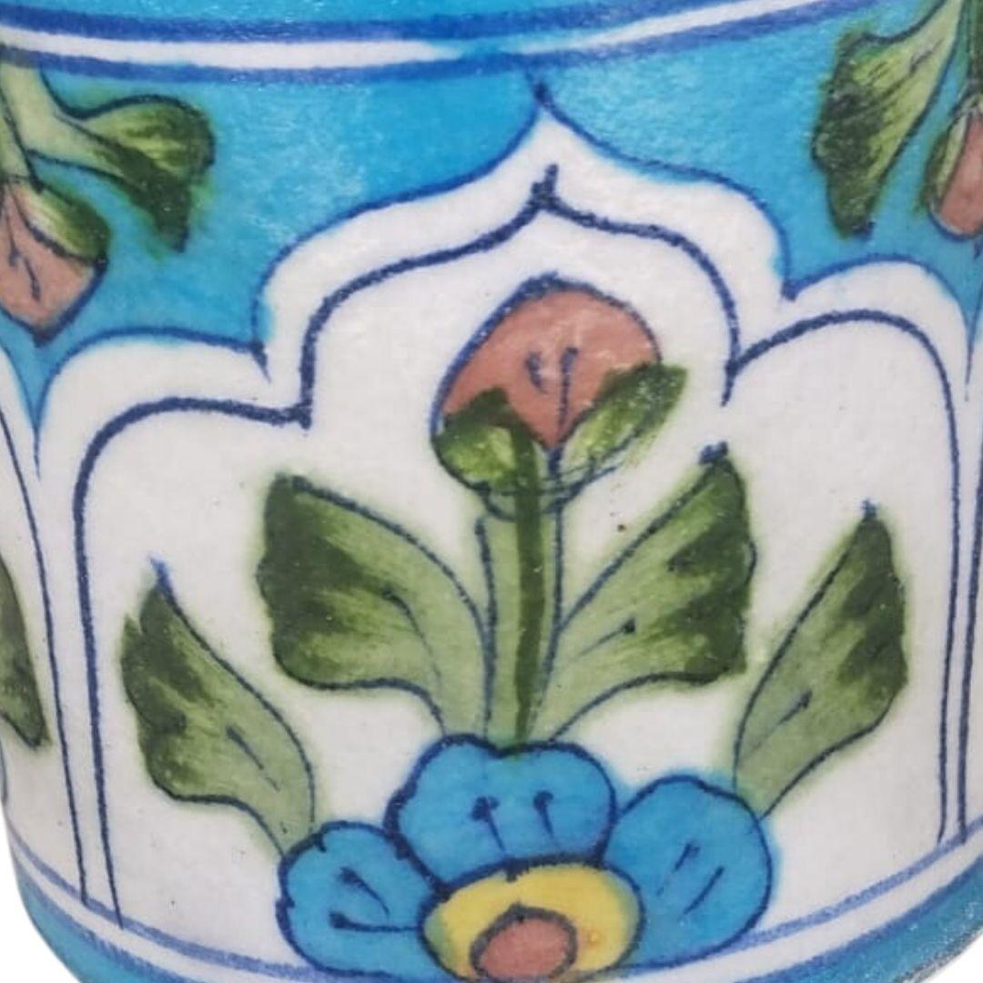 aqua floral pattern blue pottery ceramic jar