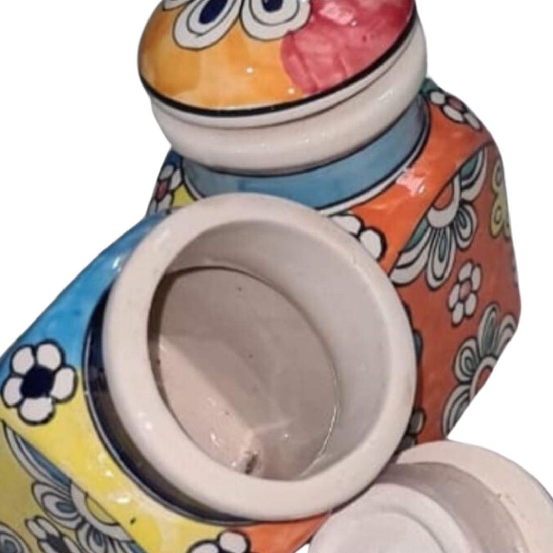 Multi Floral Pattern Blue Pottery Ceramic Jar