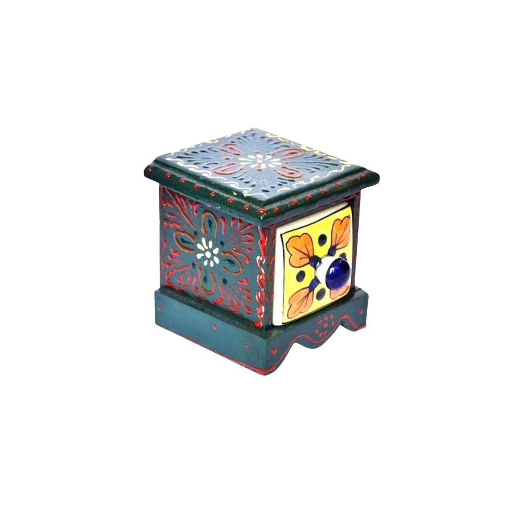 Mini Blue Pottery Wooden Ceramic Jewellery Box