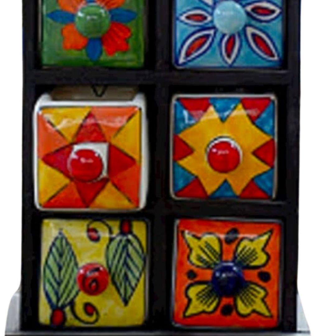 Multi Story Blue Pottery Wooden Ceramic Jewellery Box