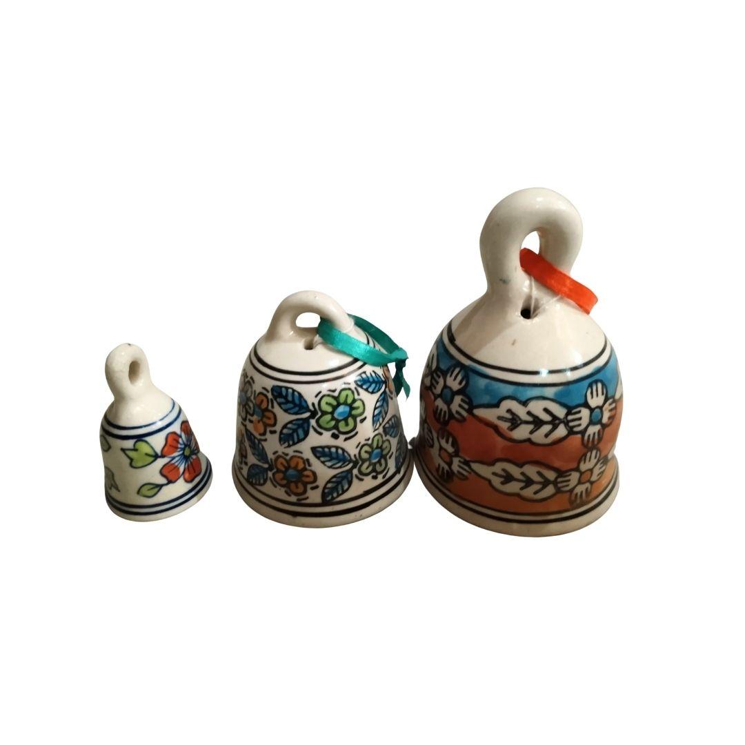 Blue Pottery Ceramic Multidesign decor bells set of 3