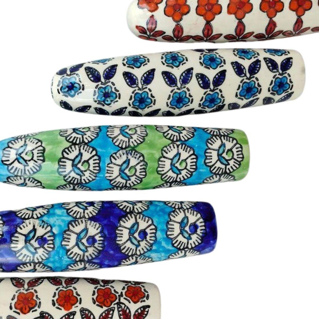 Cylindrical Floral Pattern Blue Pottery Ceramic Planters