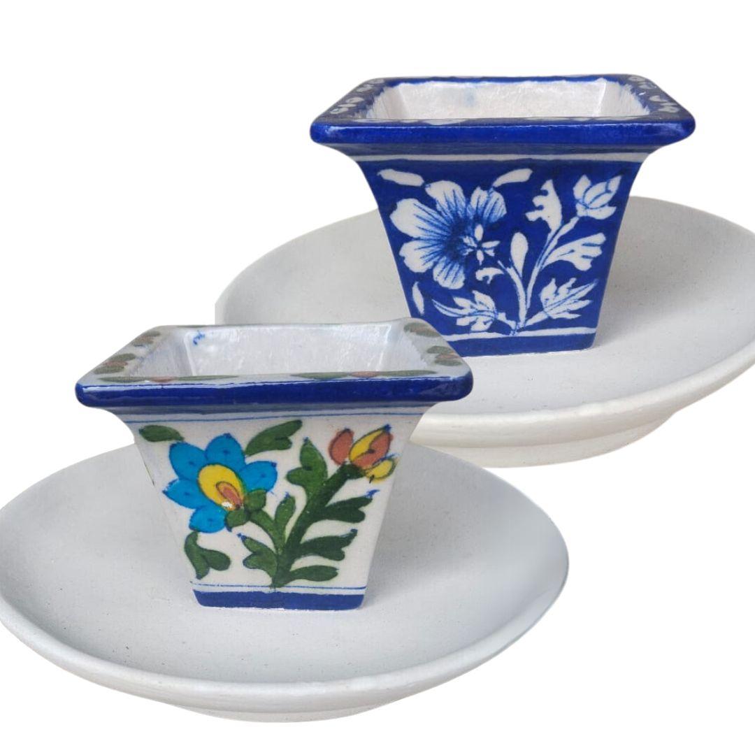 Floral Blue Pottery Square Ceramic Planters in multiple colour options