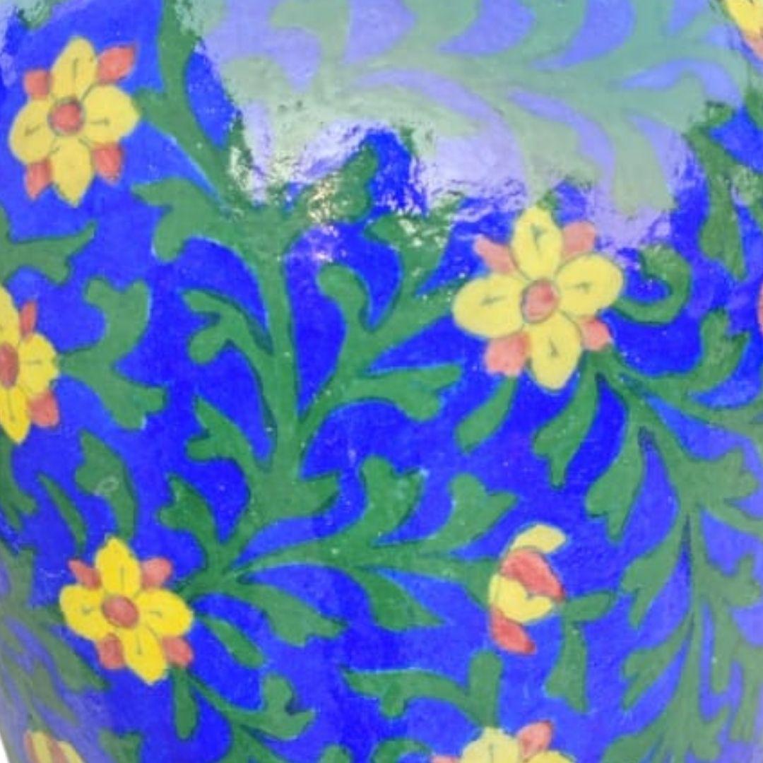 Yellow Bloom Blue Pottery Ceramic Vase