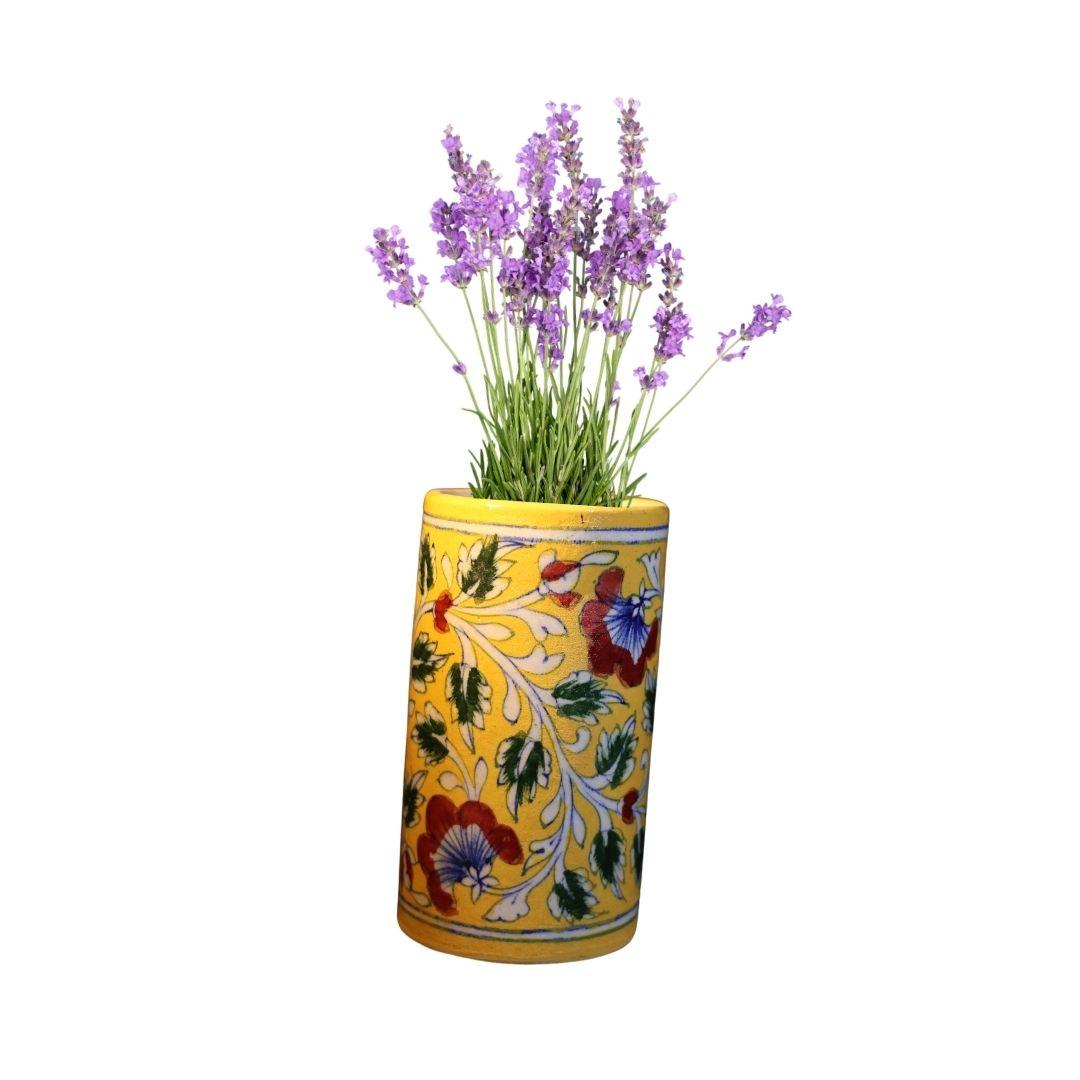 Yellow Floral Blue Pottery Ceramic Vase S