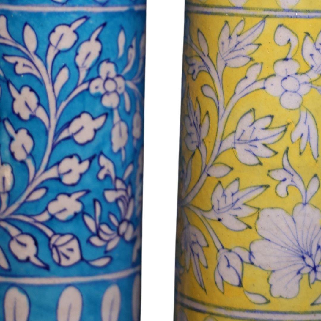 Multi colour floral blue pottery ceramic decor vase set of 2
