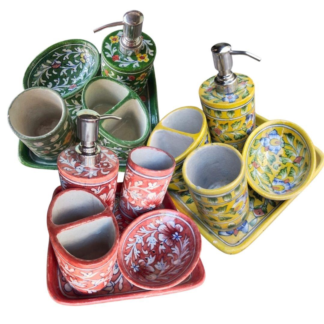 Blue Pottery Ceramic Toiletry holder set with tray in multiple colour options