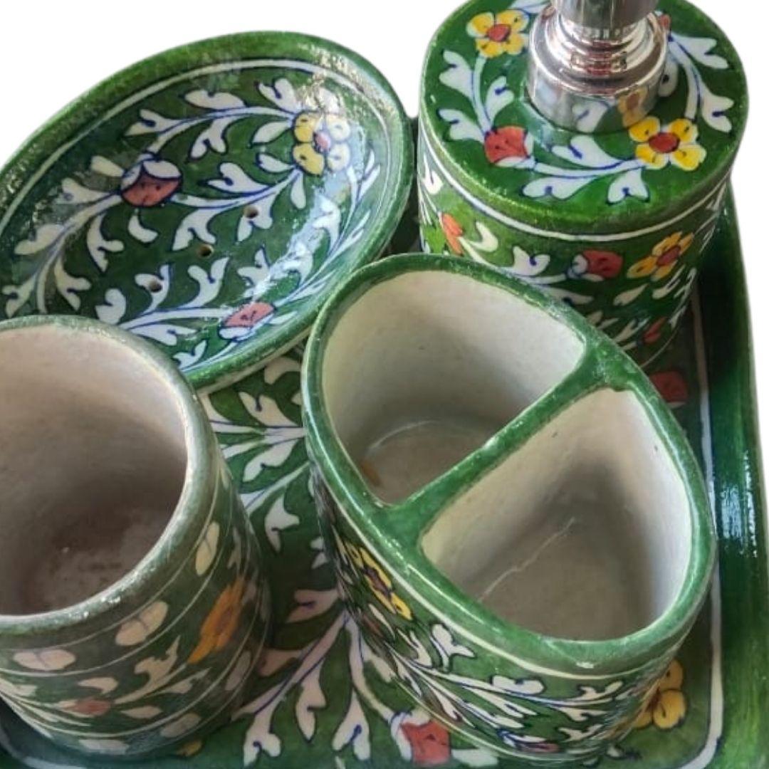 Blue Pottery Ceramic Toiletry holder set with tray in multiple colour options