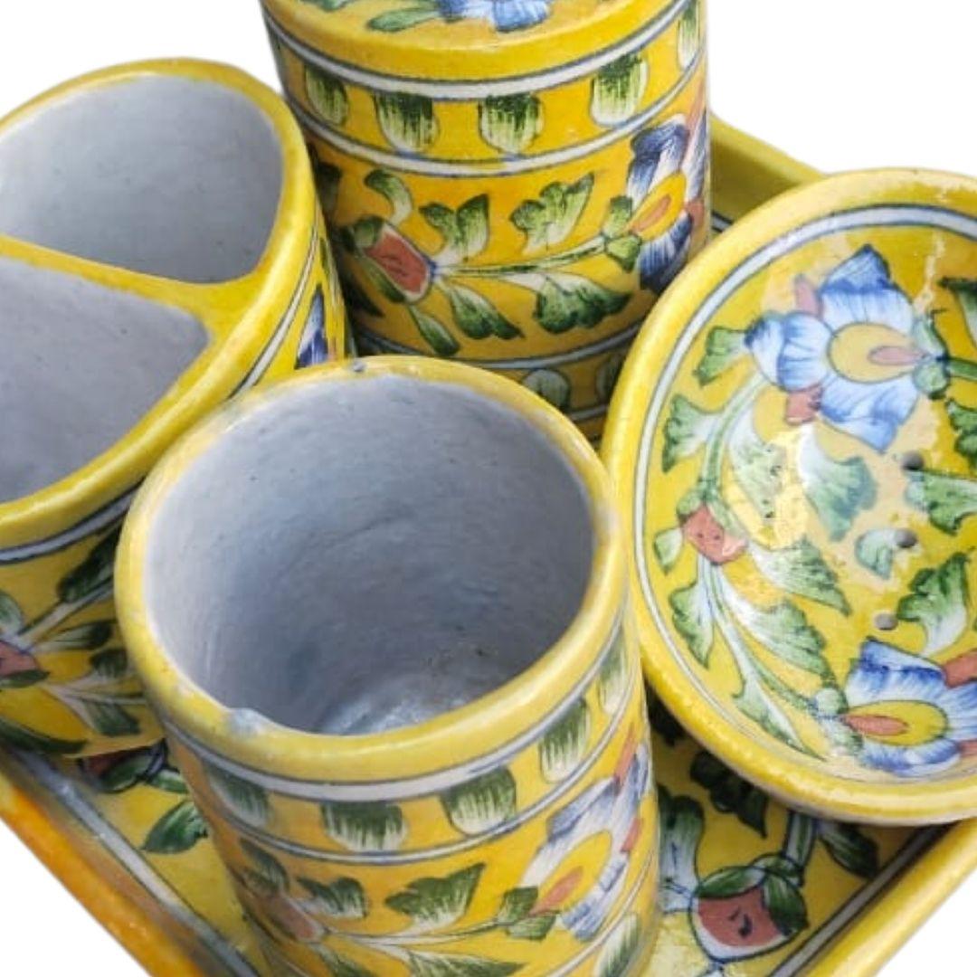 Blue Pottery Ceramic Toiletry holder set with tray in multiple colour options