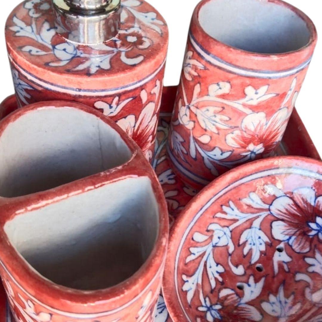 Blue Pottery Ceramic Toiletry holder set with tray in multiple colour options