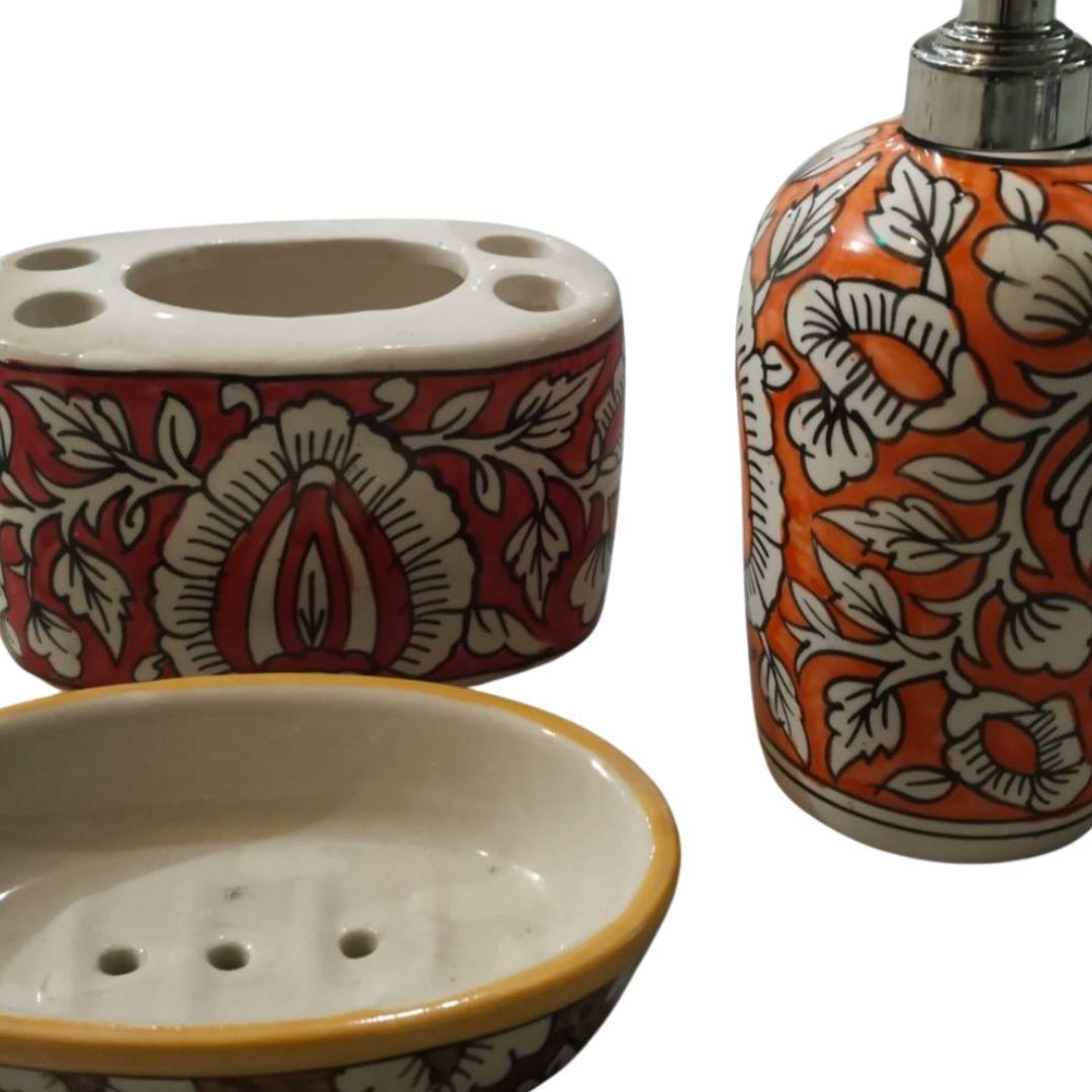 Orange Floral Blue Pottery Toiletry Ceramic Holder Set