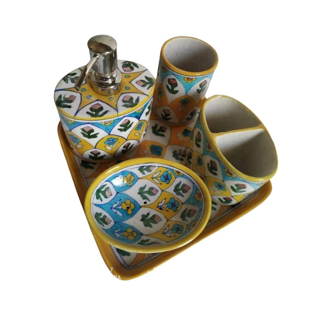 Floral Pattern Blue Pottery Ceramic Toiletry holder set with tray