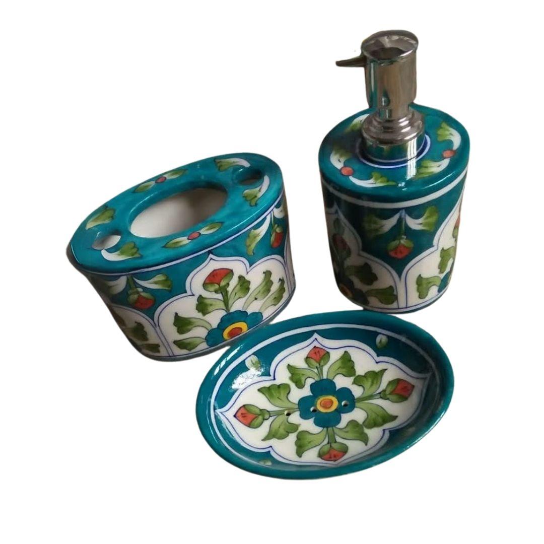 Teal Floral Blue Pottery ceramic toiletry holder set