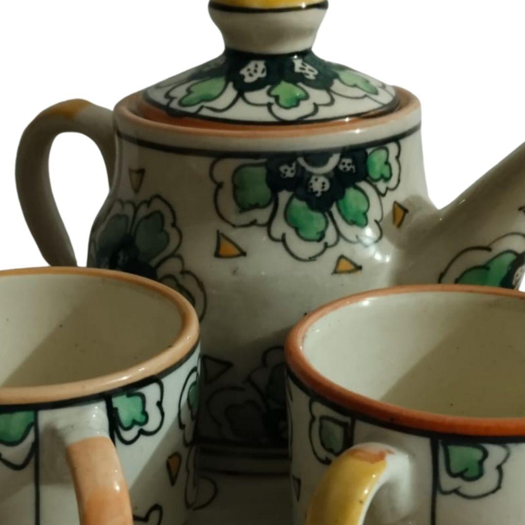 Floral Design Blue Pottery Ceramic Tea Pot and Cups Set