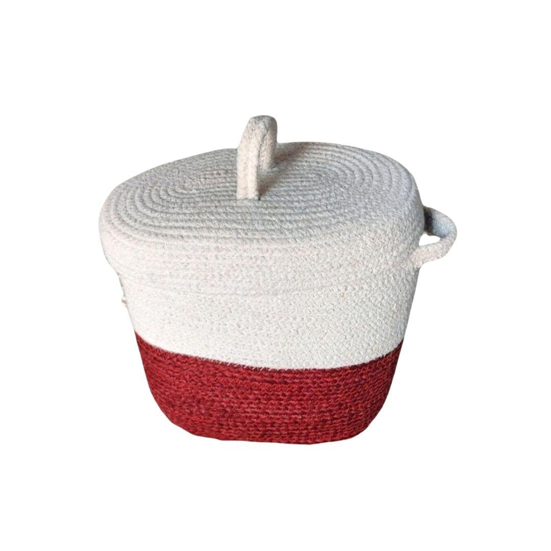 Maroon White Jute Storage Organiser Basket with Lid and Handles