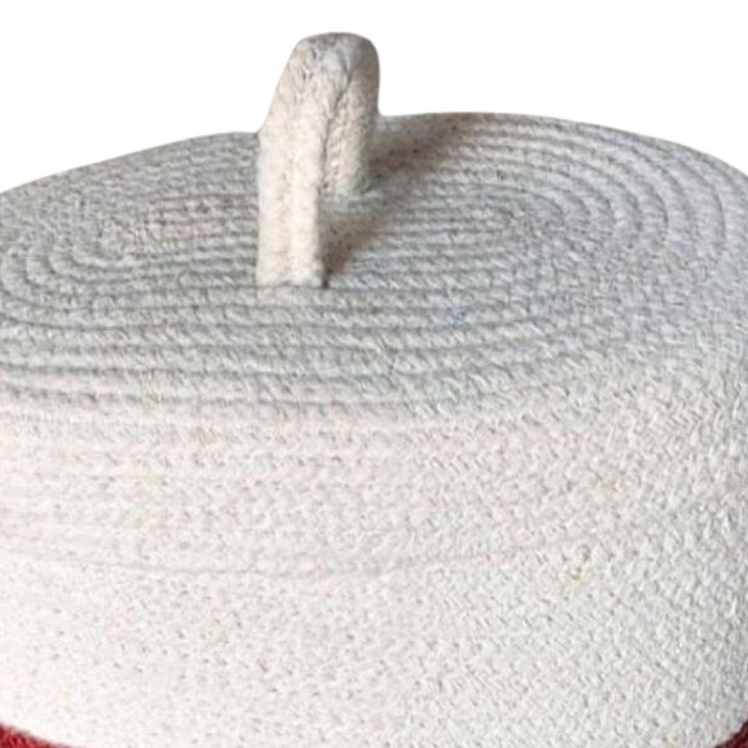 Maroon White Jute Storage Organiser Basket with Lid and Handles