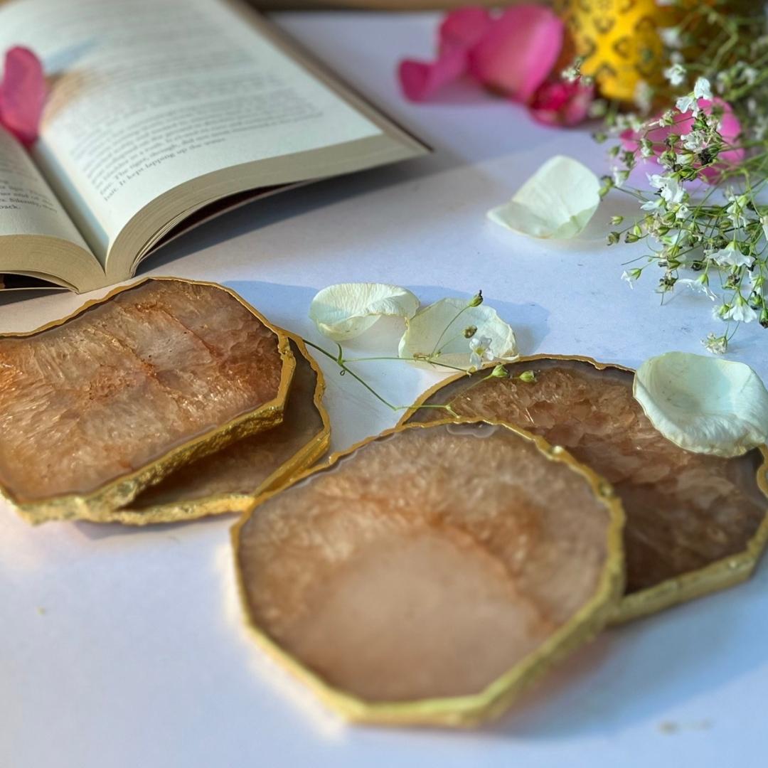 Crystal Agate Coasters with Gold Plating set of 2