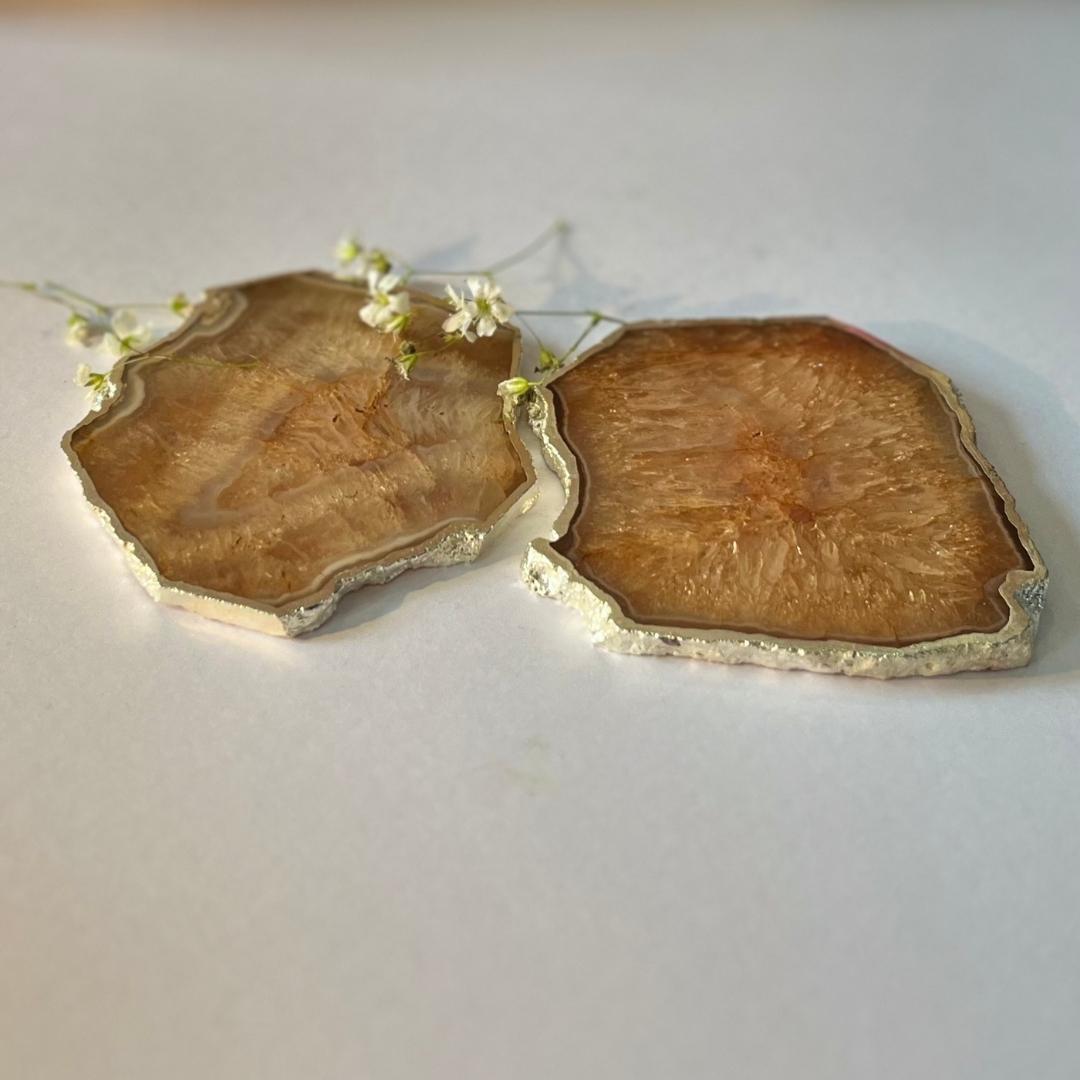 Crystal Agate Coasters with silver plating set of 2