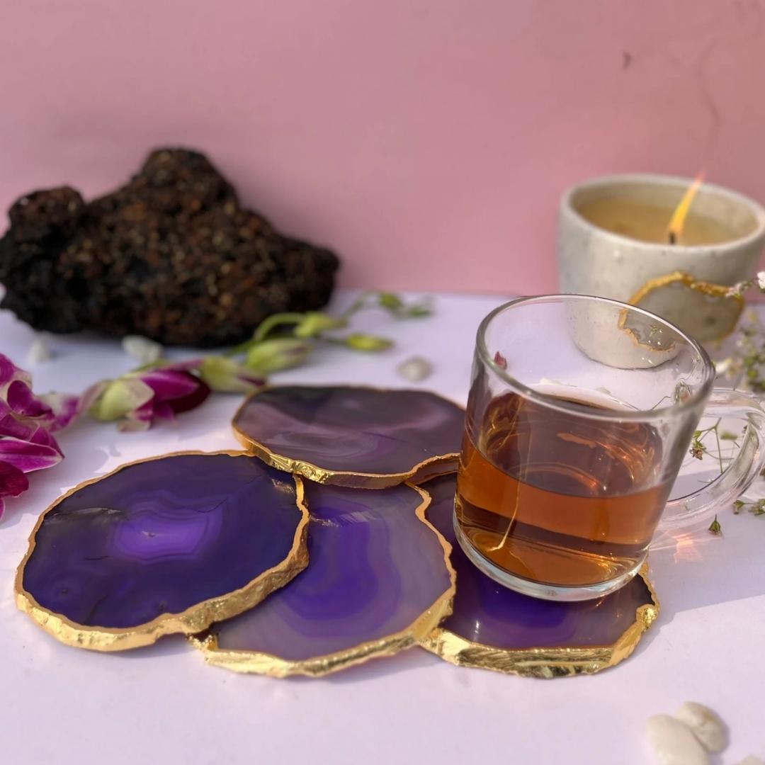 Brazilian Agate Coasters with Gold plating set of 2