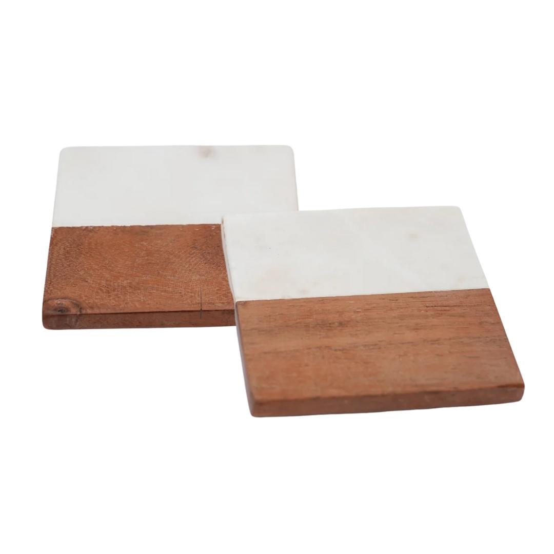 White Marble and wooden square coasters set of 2