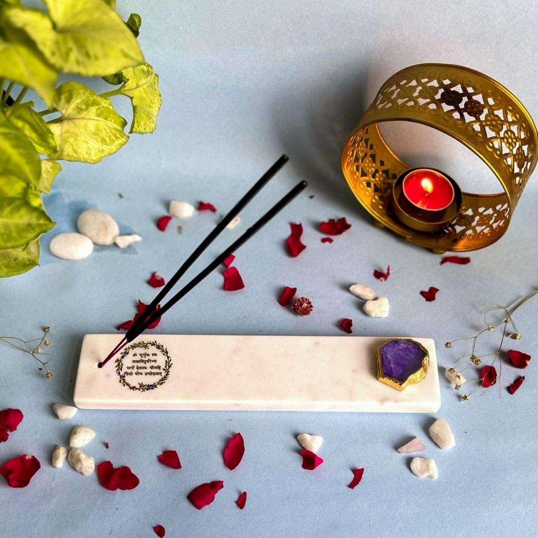 Gayatri Mantra White Marble and Crystal Agate Incense Stick Holders