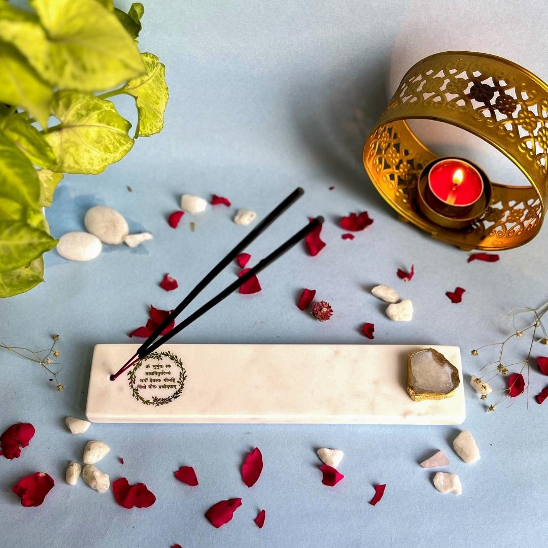 Gayatri Mantra White Marble and Crystal Agate Incense Stick Holders