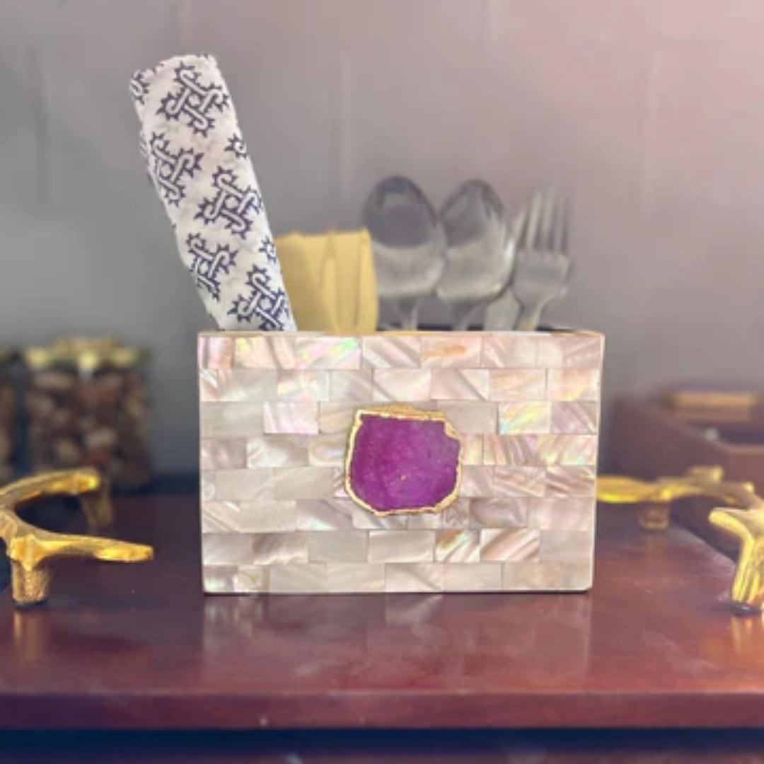 Mother of Pearl Agate Crystal Embellishment Cutlery Holder set in multiple color options