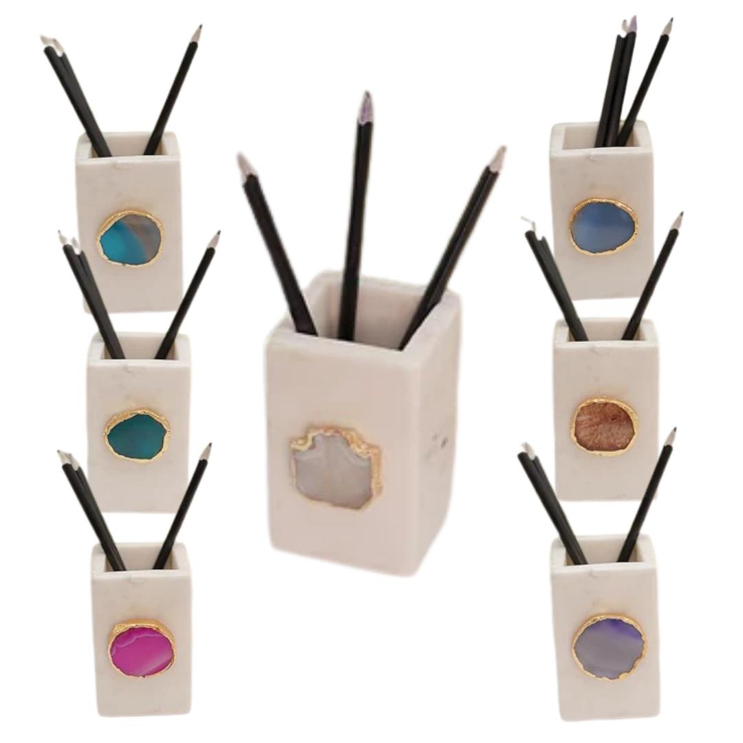 White Marble and Crystal Agate Pen Stand