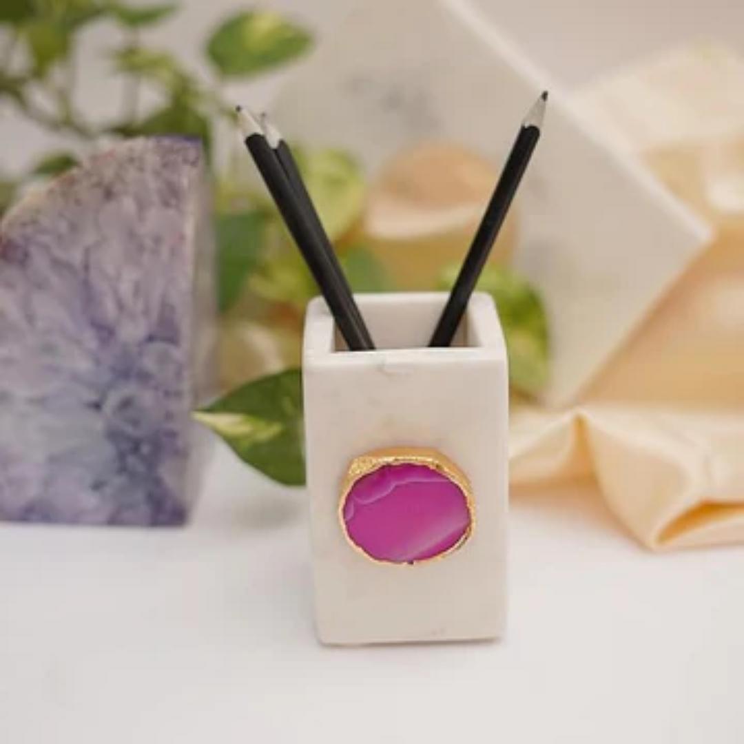 White Marble and Crystal Agate Pen Stand