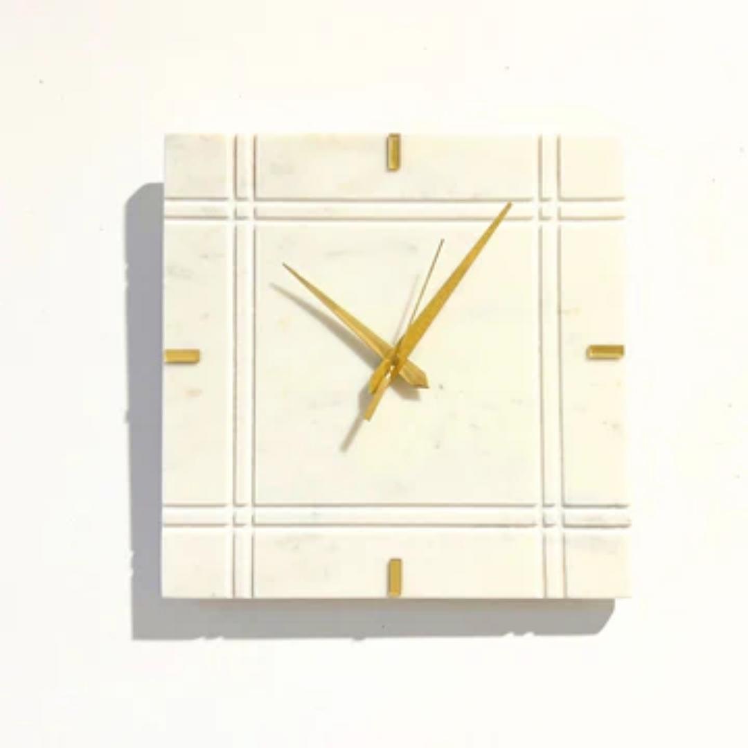 Square White Marble Etched Wall Clock