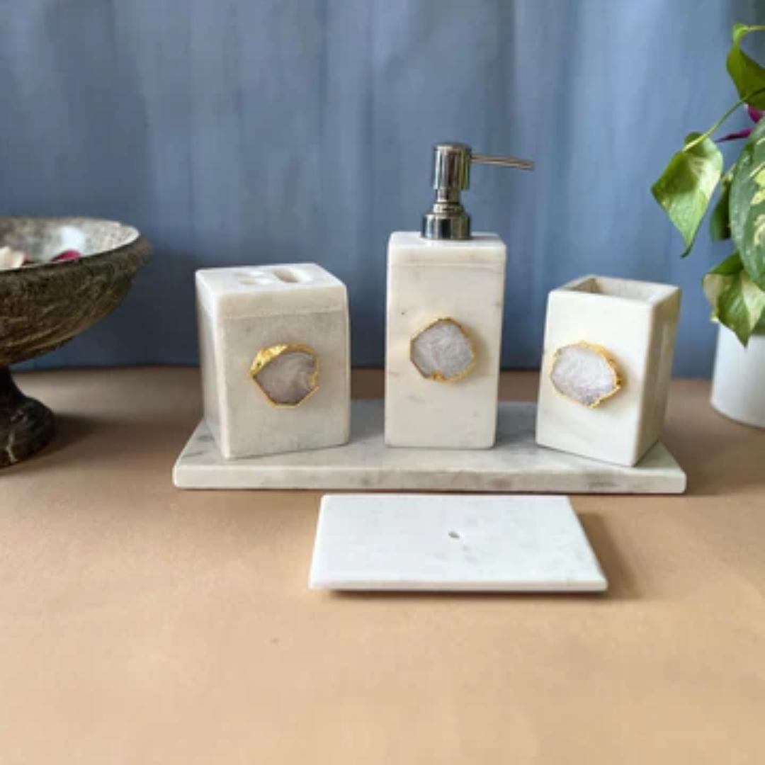 White Marble and Agate Toiletry Holder set