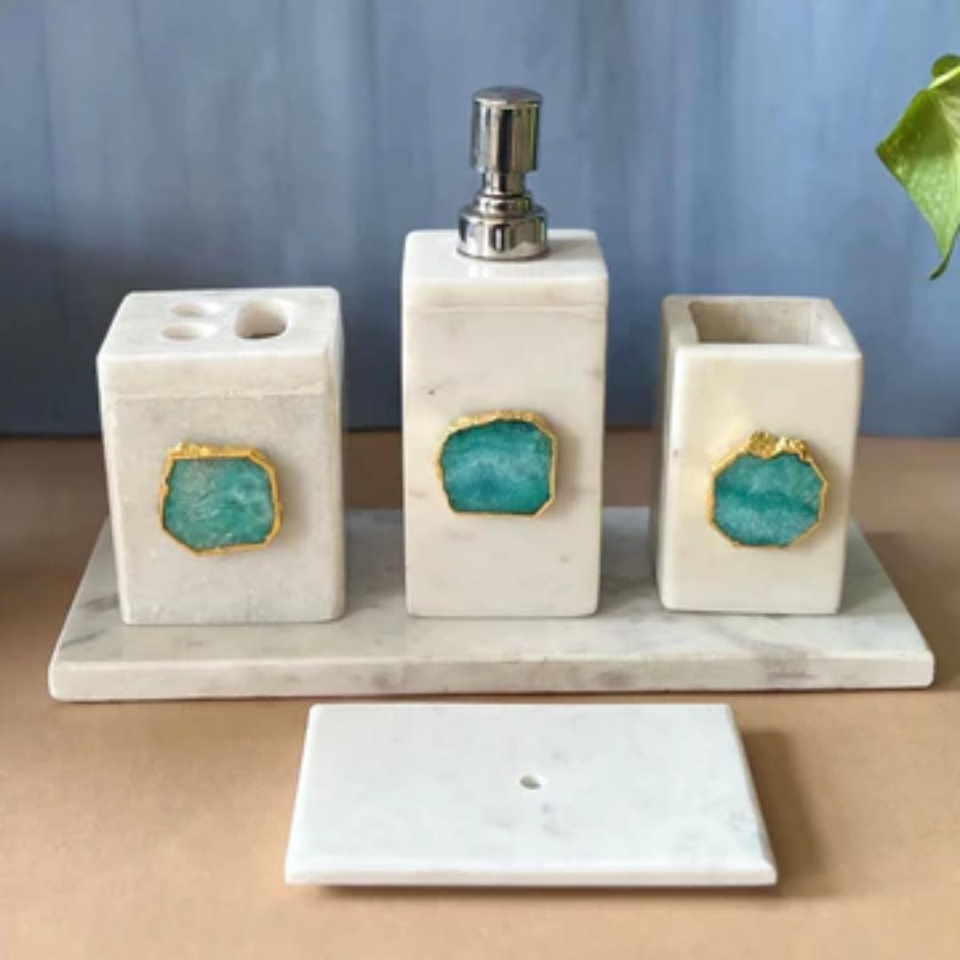 White Marble and Agate Toiletry Holder set
